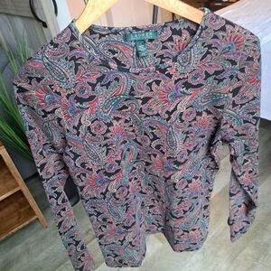 Ralph Lauren Large Slim Multicolor Paisley Cotton Top Shirt Blouse Long Sleeve